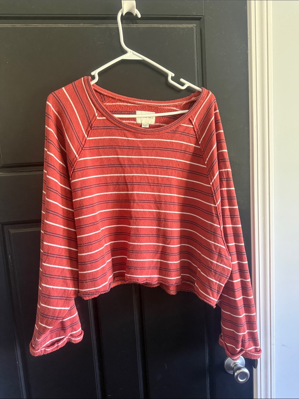 American Eagle Outfitters Red & White Striped Cropped Long-Sleeve Top